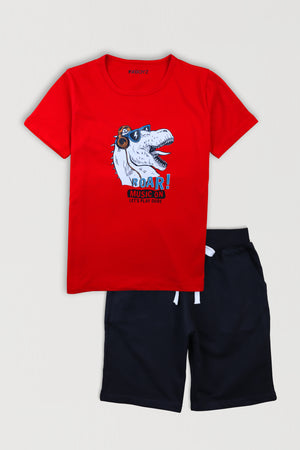 Red Dino Music Shirt & Black  Shorts Combo