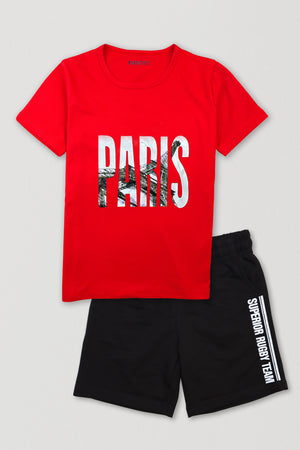 Paris Red T-Shirt & Black Shorts Combo